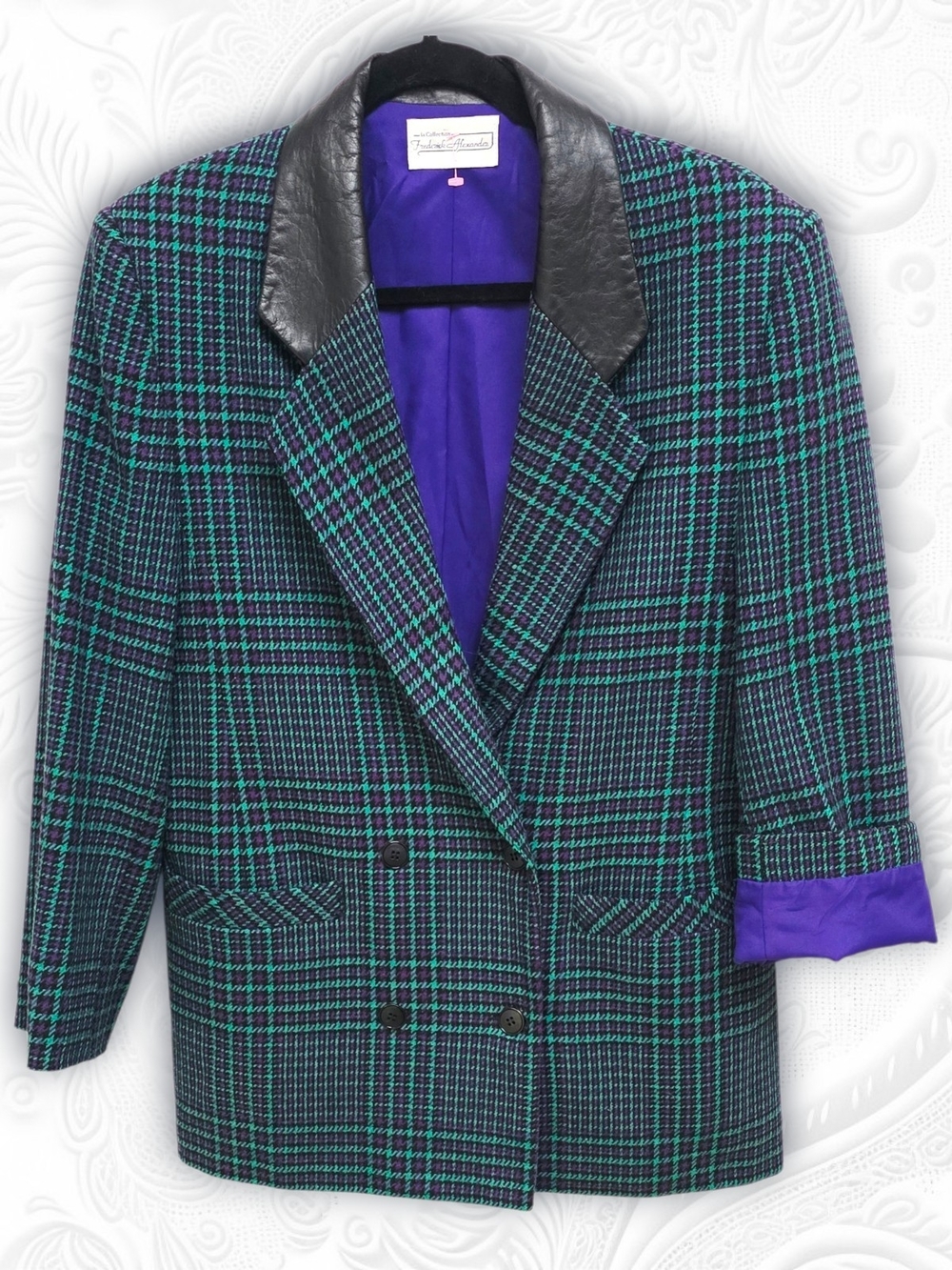 Vintage 1980s Jewel Tone Plaid Blazer Double Breasted Leather Lapel Ladies M/L